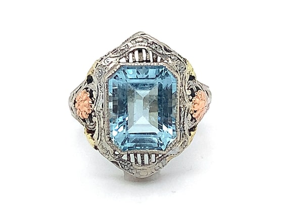 10k Tri-Color Gold 3.28ct Genuine Natural Aquamarine Filigree Ring (#J5336)