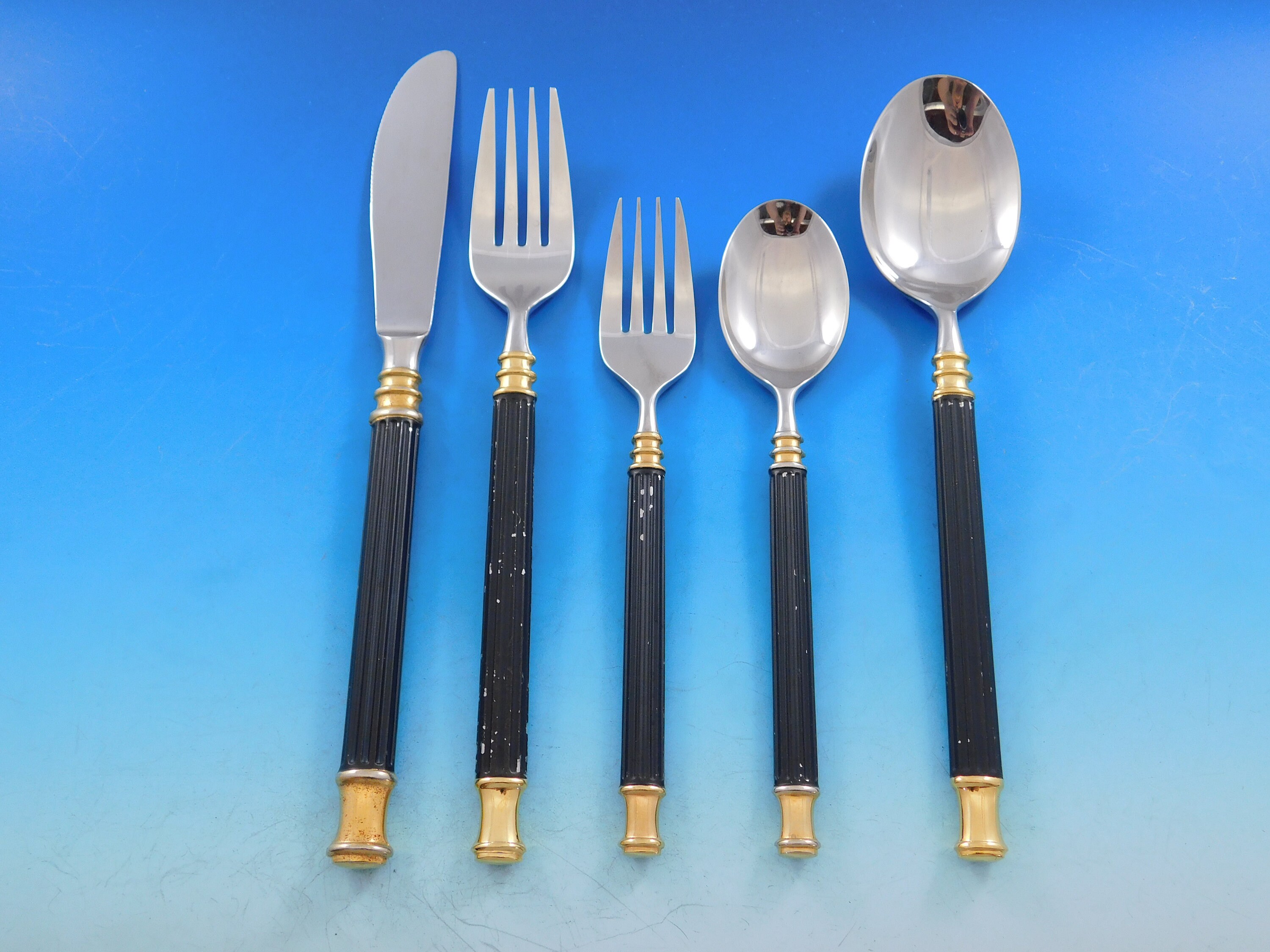 thumbnail image 2 of Yamazaki Eternity Gold Stainless Flatware By De Sousa – Japan 1990s Glossy Gold Accent 2 of 3
