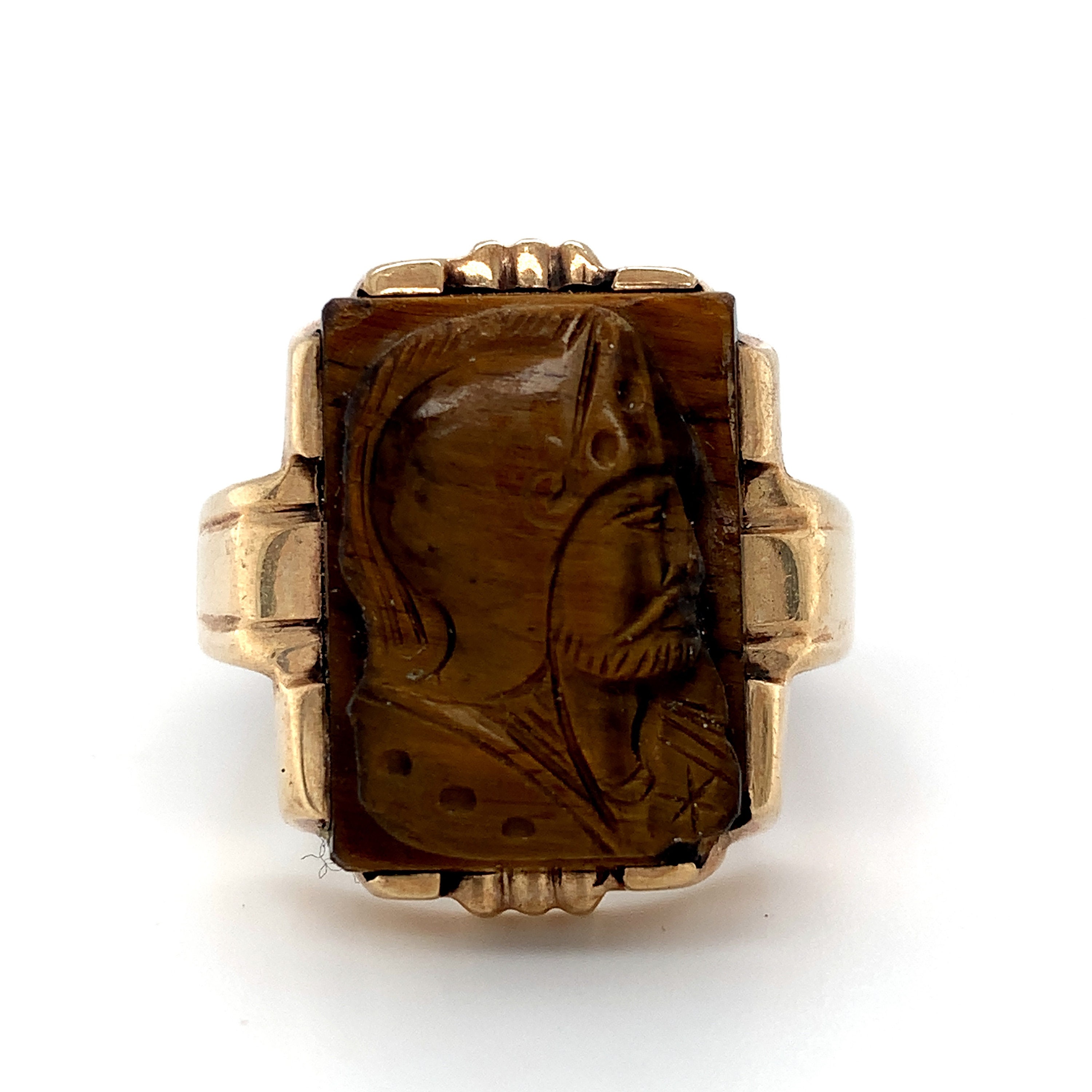 10k Yellow Gold Genuine Natural Tiger's Eye Quartz Cameo Men's Ring (#J5890)