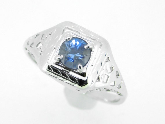 18k White Gold Filigree .53ct Blue Genuine Natura… - image 1