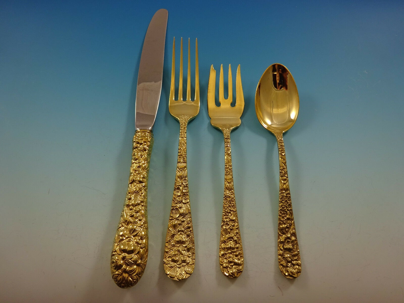 Rose by Stieff Gold Sterling Silver Flatware Service 12 Set