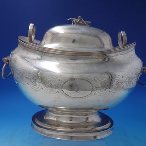 Coin Silver Tureen w/ Cover Applied 3-D Grasshopper Ring Handles 55.1ozt (#6036)