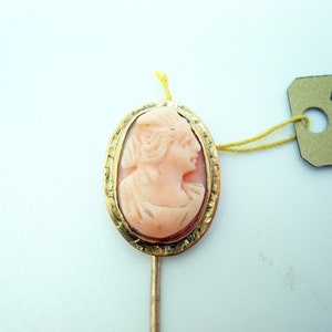 10K Gold Oval Coral Genuine Natural Cameo Stick Pin (#J2673)