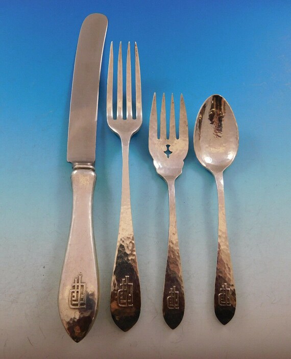 English Antique Hammered R&B Sterling Silver Flatware Set Service 