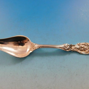 May include: A silver serving spoon with an ornate handle. The spoon has a wide, shallow bowl and a decorative, floral design on the handle.