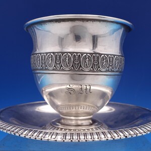 French Sterling Silver Cup and Saucer 2pc GW Winged Cherub Applied Border #8422