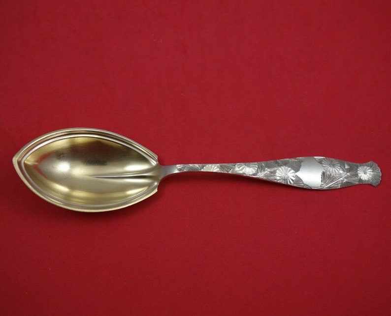 Floral Engraved by Whiting Sterling Silver Preserve Spoon Goldwashed 8 18