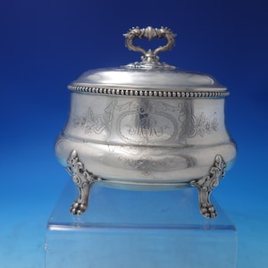 Beaded by Unknown German .800 Silver Tea Caddy Bright-Cut w/ Lion Feet (#6043)
