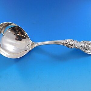 May include: A silver serving ladle with a rounded bowl and a decorative handle. The handle features floral and leaf designs. The ladle is made of a shiny, reflective metal, likely silver or a silver-plated material. The background is a solid blue.
