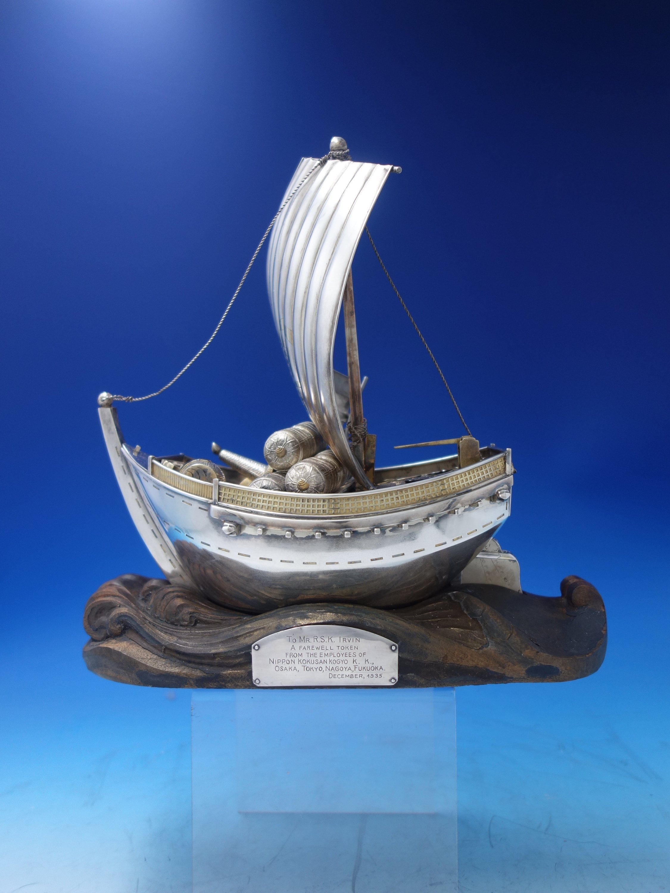 Japanese .950 Silver Sculpture Ship W/ Sail Faux Gold Barrels Wood