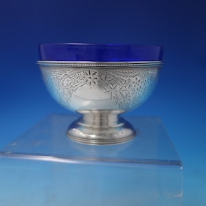 H.A. English Sterling Silver Sweet Meat Dish Bright-Cut w/Ivy Cobalt Liner #5524