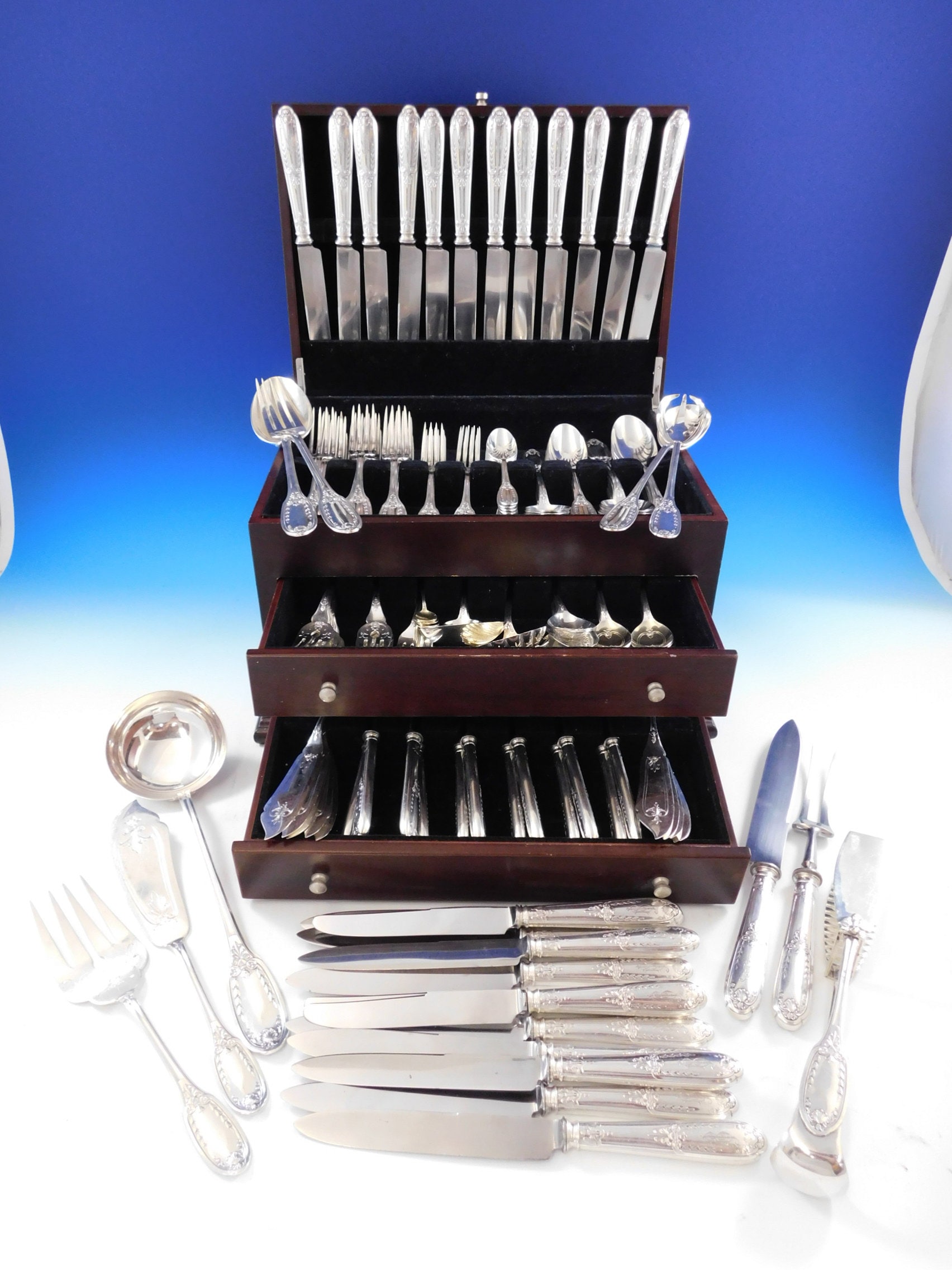 Massive German 800 Silver Flatware Service Set Dinner Empire Style