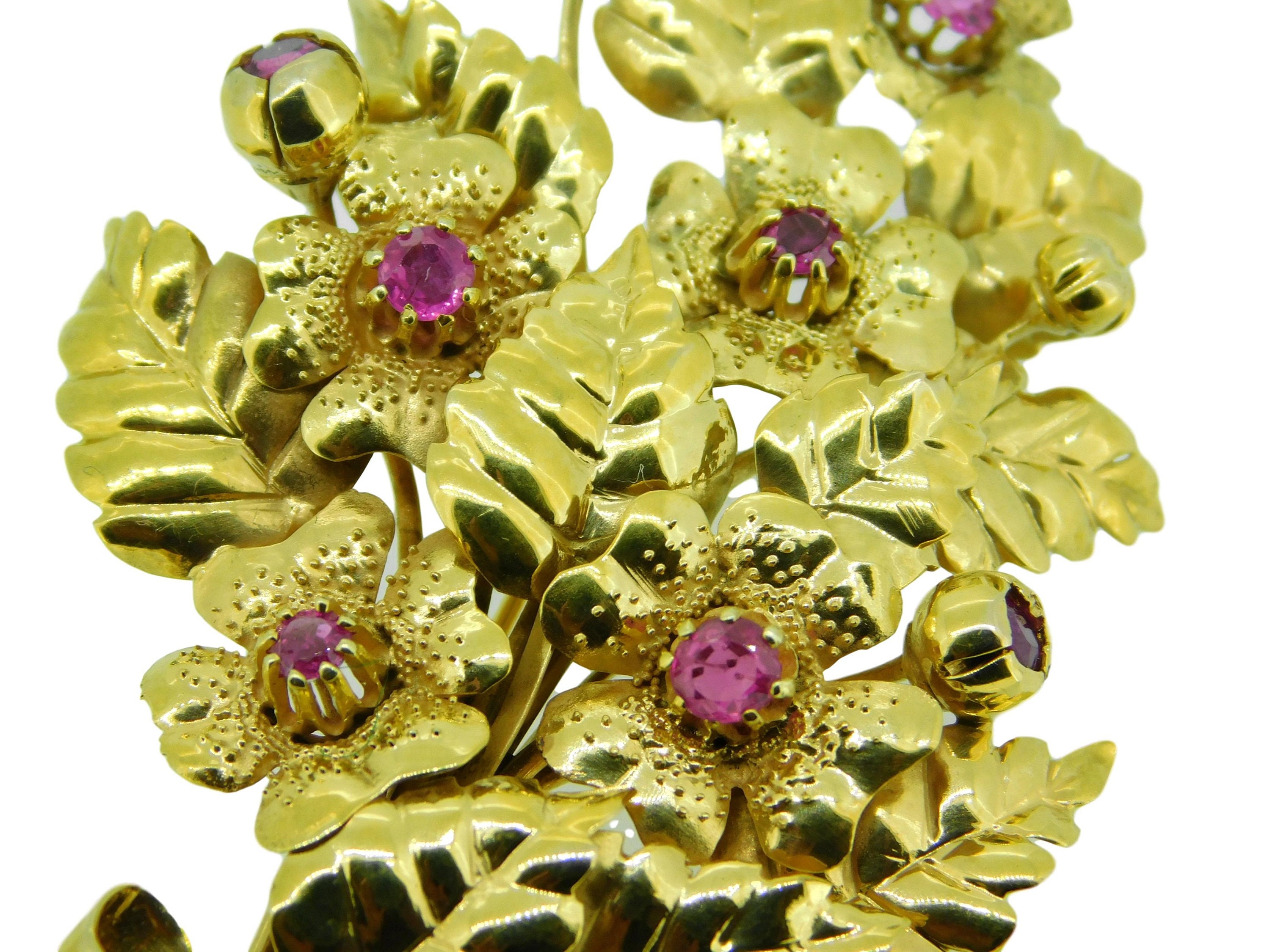 14k Yellow Gold Handmade Genuine Natural Ruby Bouquet of