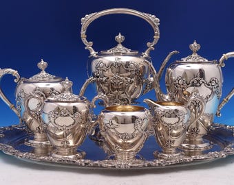 Vintage Tea Set / Silver Plated Butlers Tray / Etched Floral Tray