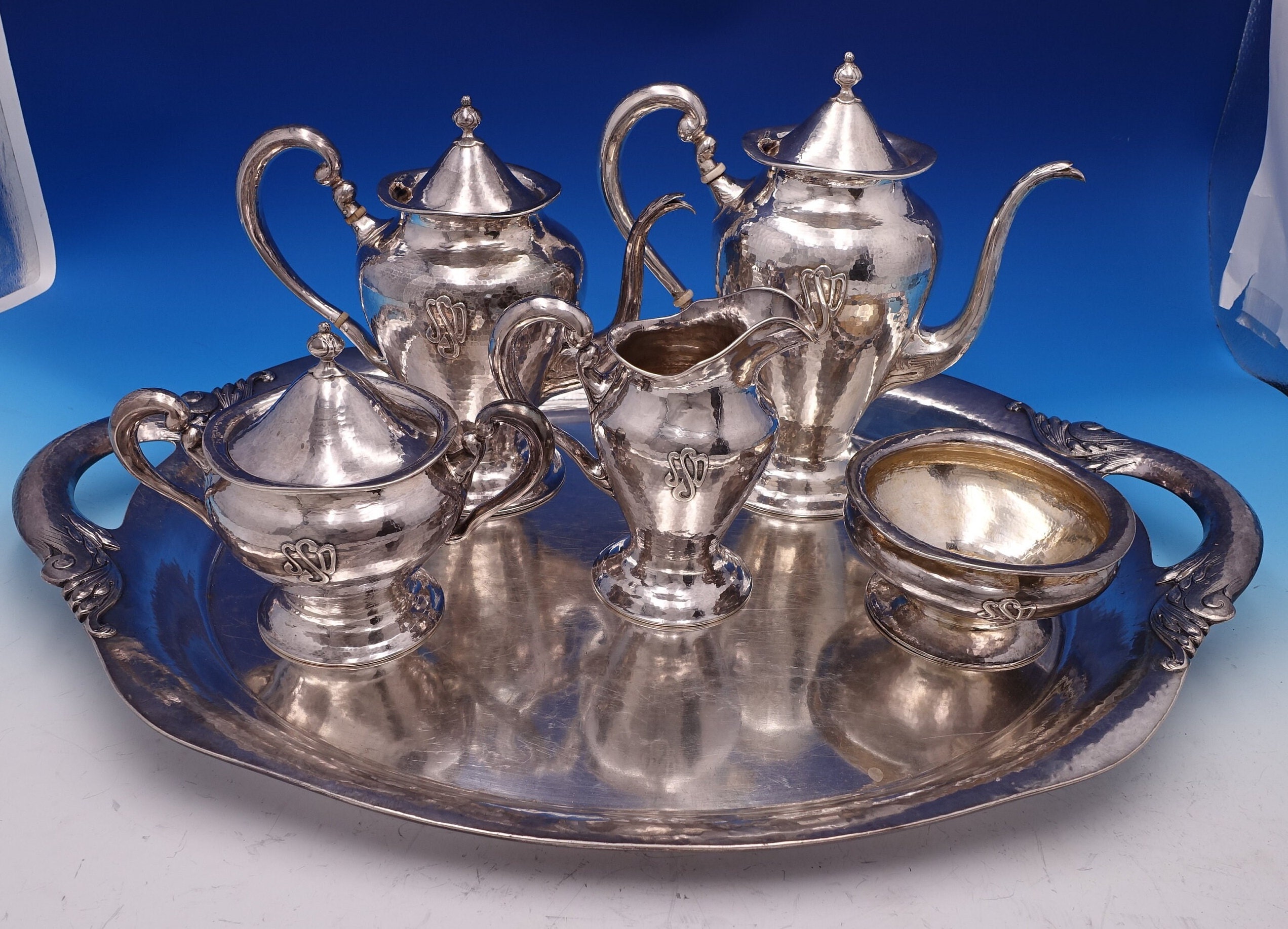 Lebolt Sterling Silver Tea Set 6pc Hand Hammered Applied 