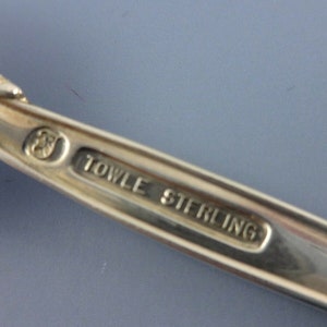 May include: Close-up of the back of a silver spoon with the inscription "Towle Sterling" on the handle.
