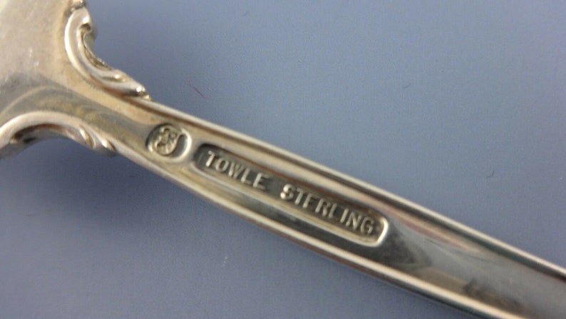 May include: Close-up of the back of a silver spoon with the inscription "Towle Sterling" on the handle.