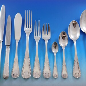 Tetard Freres Shell & Bead 950 Silver Flatware Set Service French 128 pcs Dinner