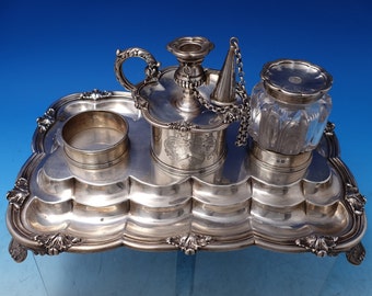English Georgian Sterling Silver Inkwell on Tray London 1829 Joseph Argell #7315
