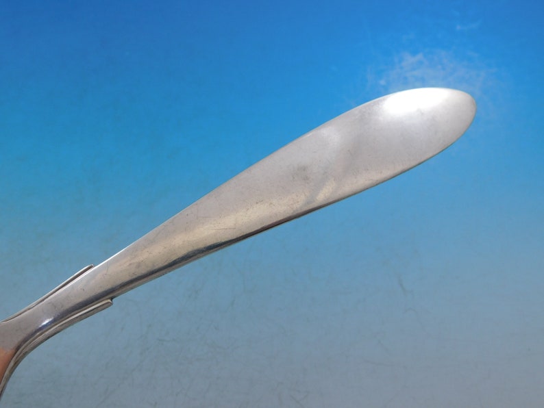 Puede incluir: Primer plano de la parte posterior de una cuchara de plata con un mango liso y redondeado.