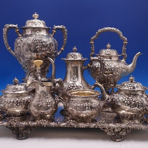 Modernic by Gorham Sterling Silver Tea Set 7pc w/Silverplate Tray (#7995)