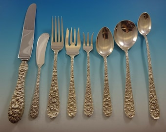 Rose by Stieff Repousse Sterling Silver Flatware Set Service 52