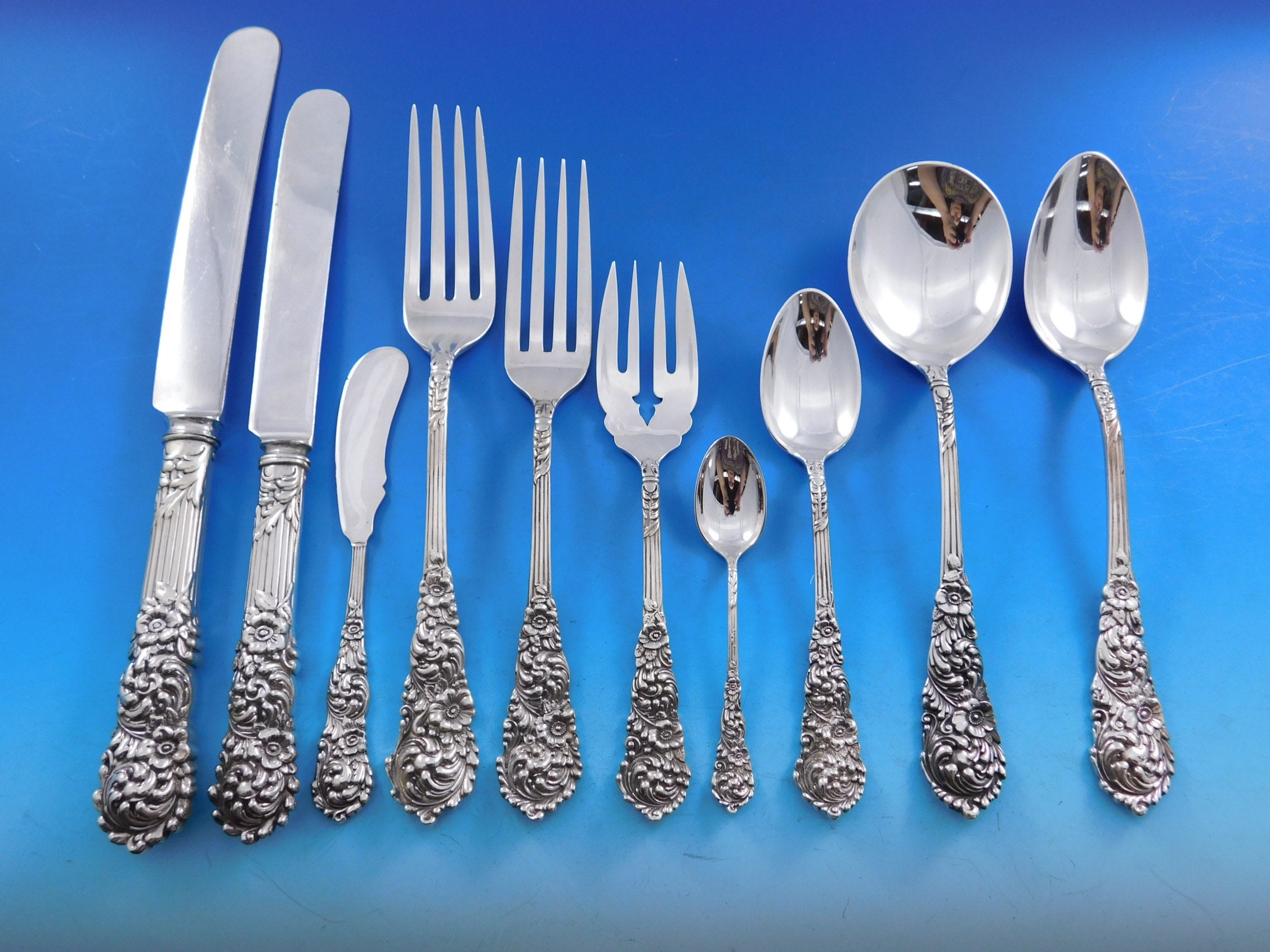 【純銀】①R.Barton／３本×２組②③Whiting／ M.ジュメル２種４本 Trajan by Reed & Barton Sterling Silver Flatware Set Service 186