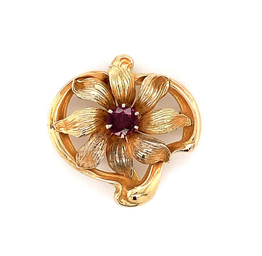 Art Nouveau 10k Yellow Gold .38ct Genuine Natural Ruby Flower