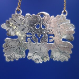 Sterling Silver Liquor Label &quot;Rye&quot; Cast Leaf 2&quot; x 1 1/2&quot; (#6863)