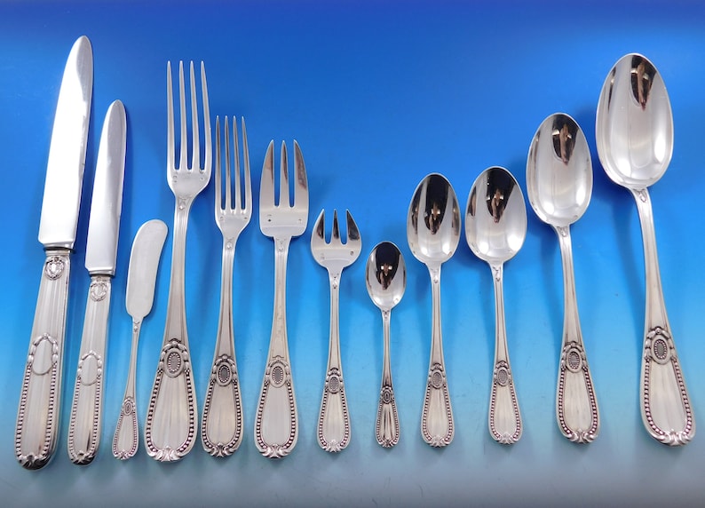 Tetard Freres Perles Sterling Silver Flatware Set Service French 343 pcs Dinner image 1