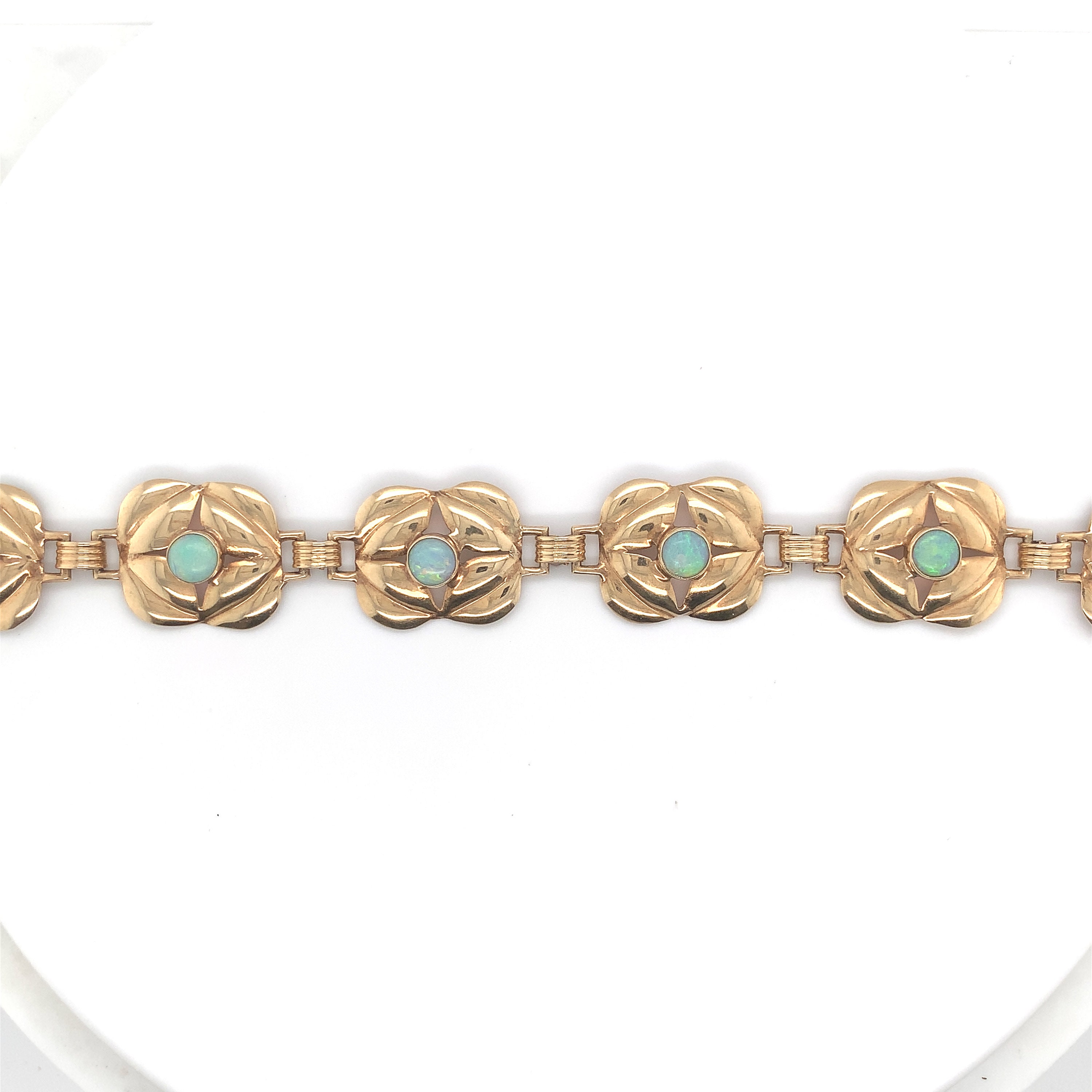 Retro 14k Yellow Gold Opal Leaf Link Bracelet W/6 Vibrant
