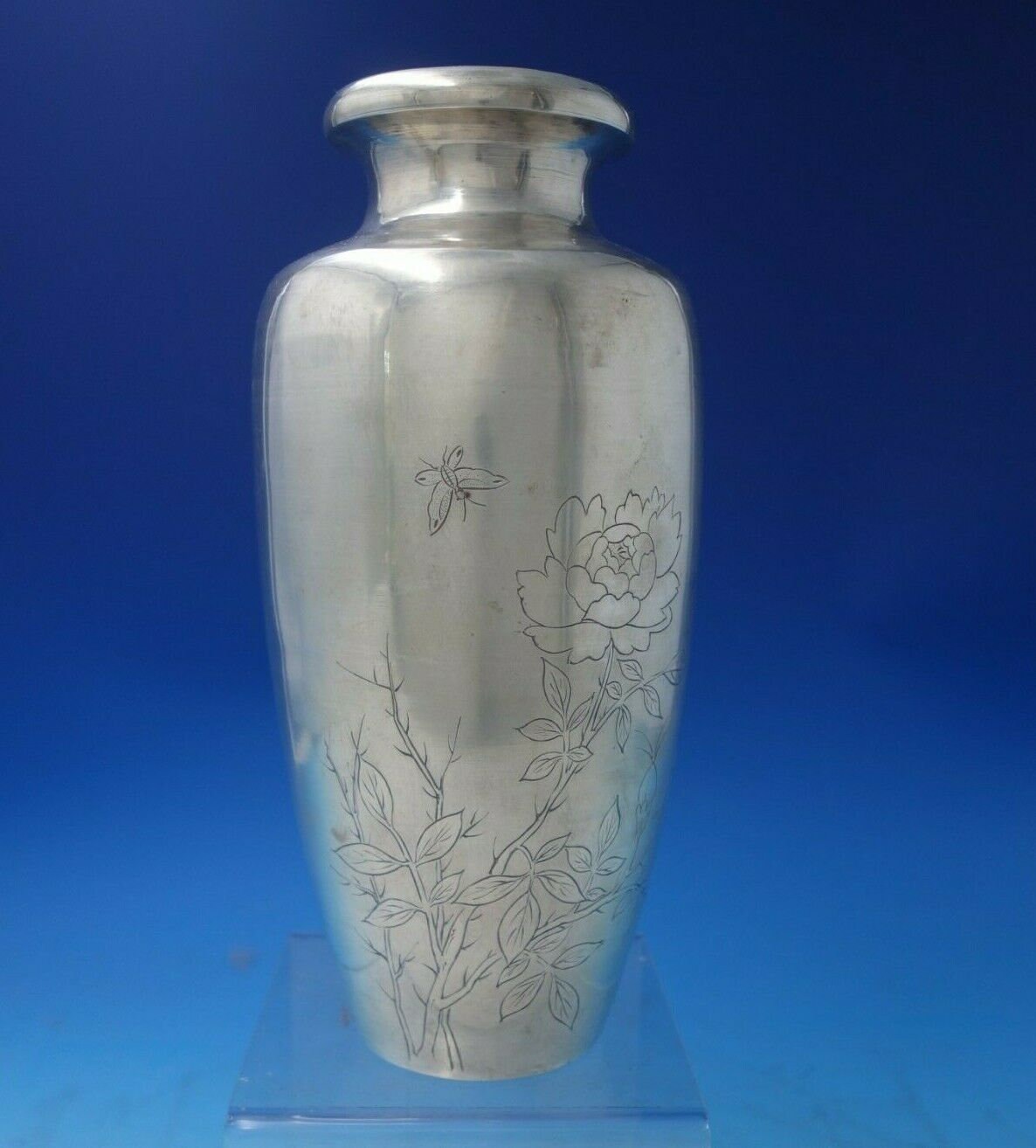 Japanese .950 Silver Vase Bright-cut With Chrysanthemum Butterfly