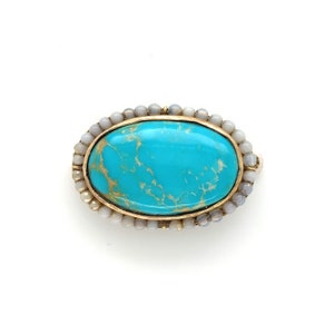 10k Yellow Gold Large Oval Turquoise Pin 1 1/8&quot; x 3/4&quot; Jewelry c1890s (#J6046)