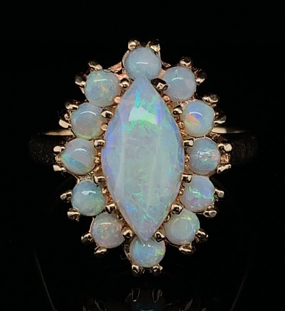 14k Yellow Gold Marquise Genuine Natural Opal Rin… - image 1