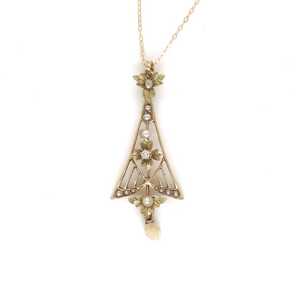 Victorian Diamond and Pearl Lavaliere with Flower Motifs and Pearl Drop (#J6379)