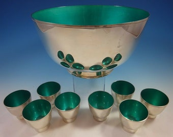 Towle Sterling Silver Punch Bowl And Cups With Turquoise Enamel (#1392)