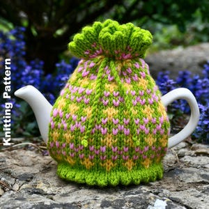 Springtime Fair Isle Teapot Cozy Strickmuster: Gestrickter Wärmer (Digitaler Download)