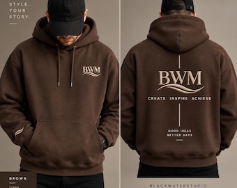 Sweat à capuche minimaliste BWM, sweat-shirt unisexe streetwear BlackWaterStudio, sweat-shirt premium avec logo vague et imprimé graphique au dos.