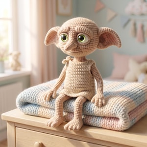 Könnte beinhalten: Eine beige Häkelpuppe mit großen spitzen Ohren, einer kleinen Nase und leuchtend grünen Augen, die eine einfache ärmellose Tunika trägt. Die Puppe sitzt auf einer gefalteten, grob gestrickten Decke mit pastellfarbenen Streifen in Blau, Rosa und Creme.