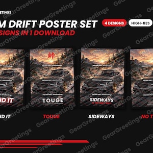 Könnte beinhalten: Ein digitales JDM-Drift-Poster-Set mit vier Varianten eines dunklen Sportwagens, der bei Sonnenuntergang auf einer Bergstraße driftet. Die Designs enthalten die Texte SEND IT, TOUGE, SIDEWAYS IS THE ONLY WAY sowie eine Version ohne Text.