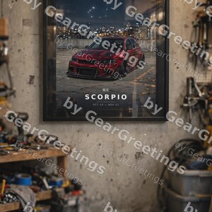 Puede incluir: Un póster de pared enmarcado que muestra un coche deportivo rojo aparcado sobre una superficie de hormigón por la noche con el horizonte de una ciudad al fondo. El texto SCORPIO OCT 23 - NOV 21 aparece impreso bajo el coche y una constelación.