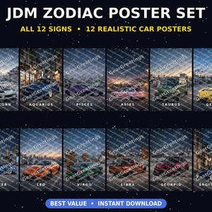 Puede incluir: Un conjunto de 12 pósteres de coches JDM que representan los 12 signos del zodiaco. Cada póster muestra un vehículo diferente en un entorno urbano o paisajístico único, con el nombre del signo correspondiente impreso bajo la imagen del coche.