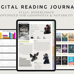 May include: A digital reading journal displayed on three tablet screens. The center screen shows a book review page for Onyx Storm with a five-star rating, summary, quotes, and tropes. The side screens show a bookshelf layout and a library view.