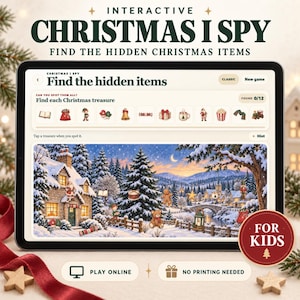 Op de afbeelding: Een tablet met een interactief kerstzoekspel met een winters dorpslandschap. Het scherm toont een lijst met twaalf verborgen items om te vinden, waaronder een boek, een cadeau en een trein. De tekst op het scherm luidt Interactive Christmas I Spy.