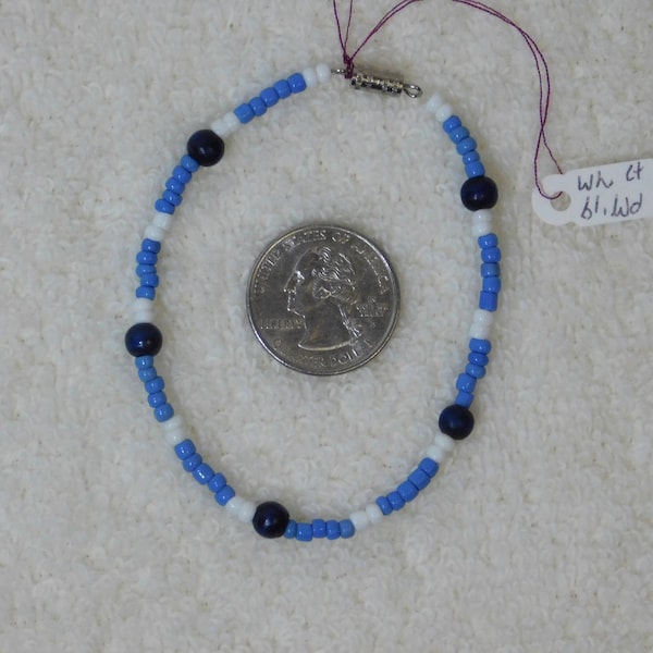 Wood Glass Beaded Bracelet or Anklet Blue White Barrel Clasp Holiday, under 10 dollar Gift, 6, 7, 8, 9" XL