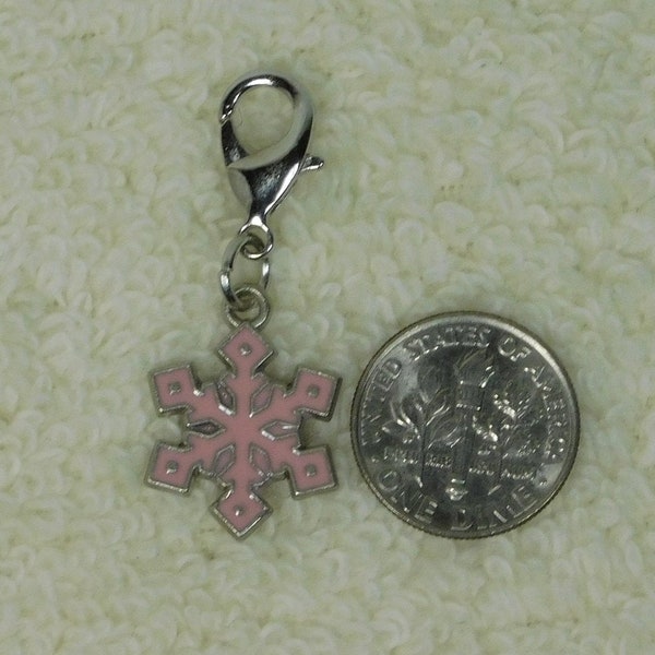 Pink Snowflake Clip-On Charm Jewelry, Zipper Pull Charm Snowflake Pendant Holiday Gift, Nickel Free, Under 5, 10 dollar