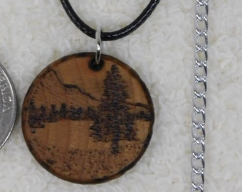 Necklace Pine Tree Mountains Outdoors Pendant Engraved Wood Burned Gift, Black Cord 14, 16, 20-30" xL xxL xxxL, 20 dollars