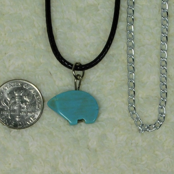 Bear Necklace, Zuni Bear, Native Tribal Camping Turquoise Gemstone Mind Body Spirit Black Cord 14-30" Plus Size, 20 dollar Gift