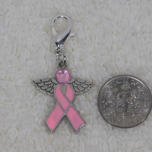 Angel Breast Cancer Survivor Support Awareness Zipper Pull Charm Angel Clip on Pink Enamel Gem Pendant, Gift