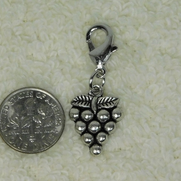 Grapes Wine Jewelry Zipper Charm Wine Lover Silver plated Clip on Charm, Foodie Gardener Wine Gift, Under 10 dollars